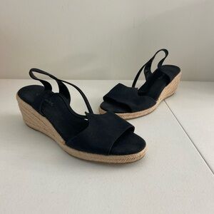 Chadwick’s women’s black canvas sling back woven wedge chunky heels espadrilles